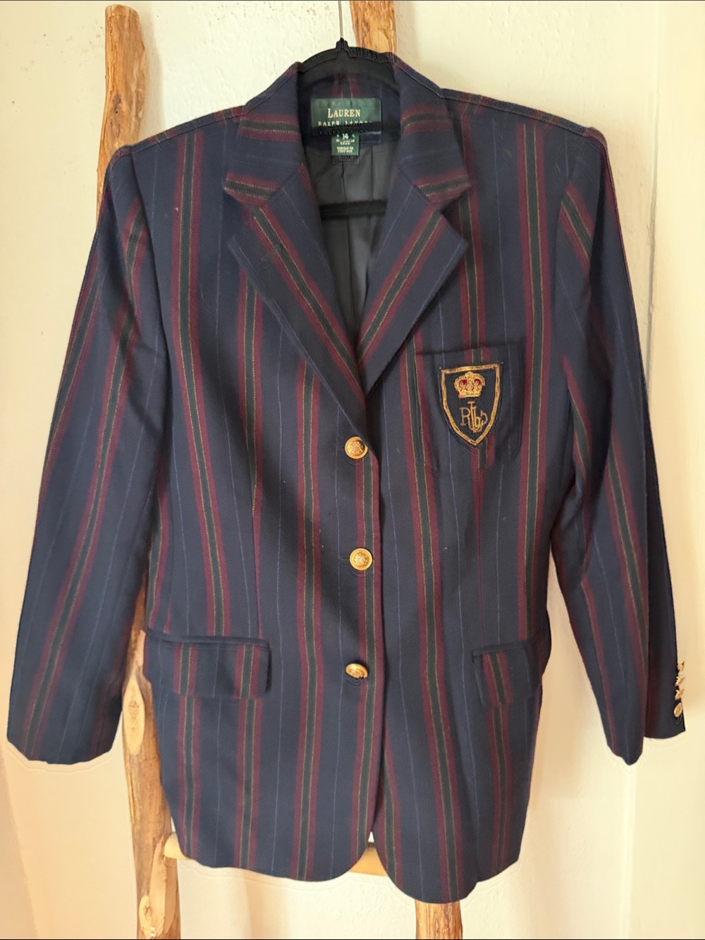 Ralph Lauren Navy and Burgundy Striped Wool Blazer with Crown Crest Academia 14